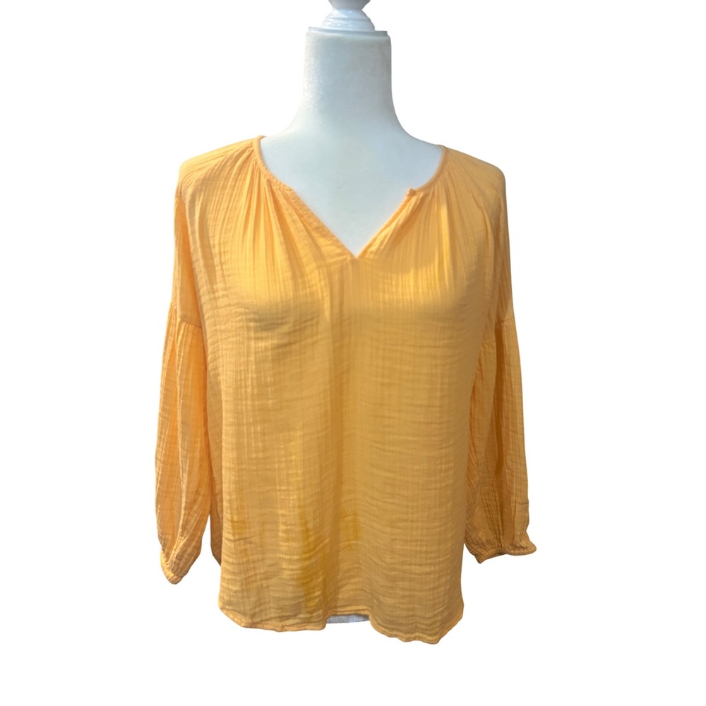 Orange Gauze Blouse Long Sleeve V Neck Flowy Lightweight Top